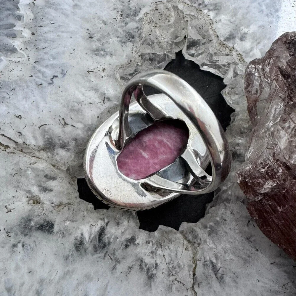 Sterling Silver Southwestern Style Oval Thulite Decorated Ring Sz 9.5 For Women